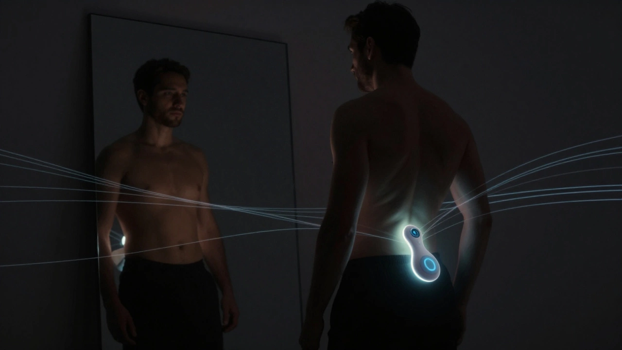 A man&#039;s silhouette glowing with light trails from a wearable pleasure device.
