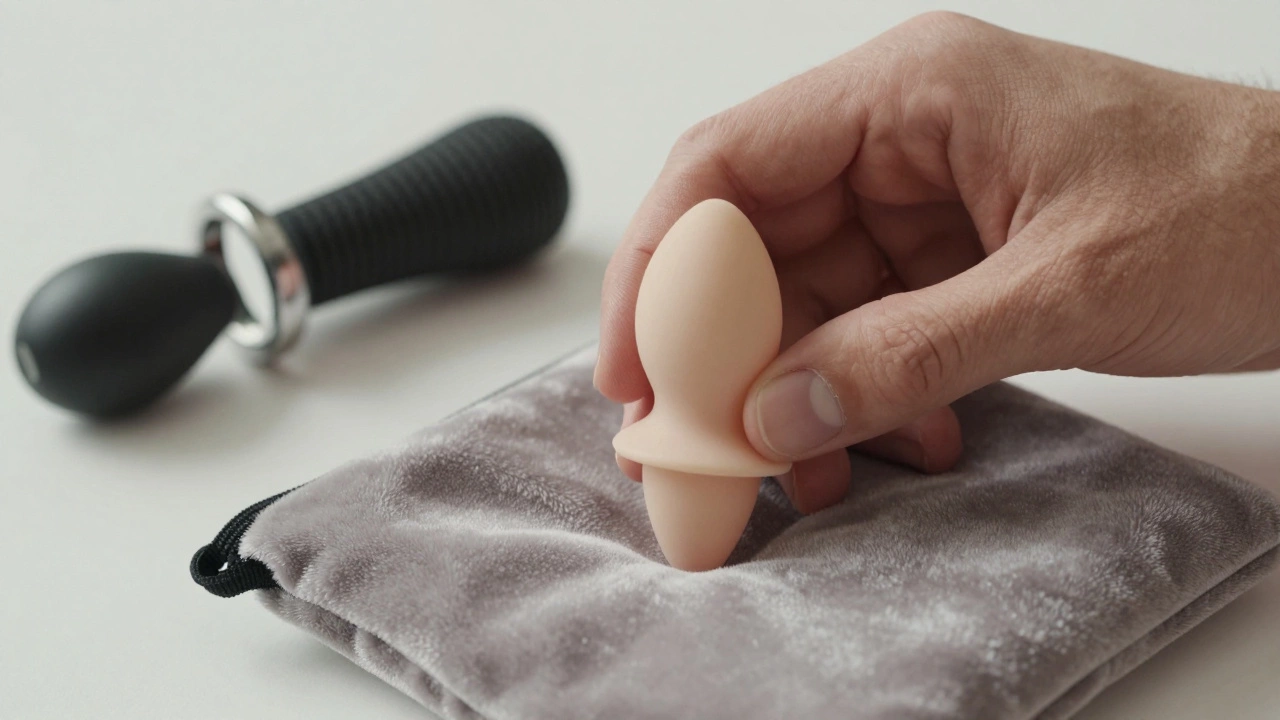 Close-up of a hand placing an anal plug into a velvet pouch with other male toys nearby.